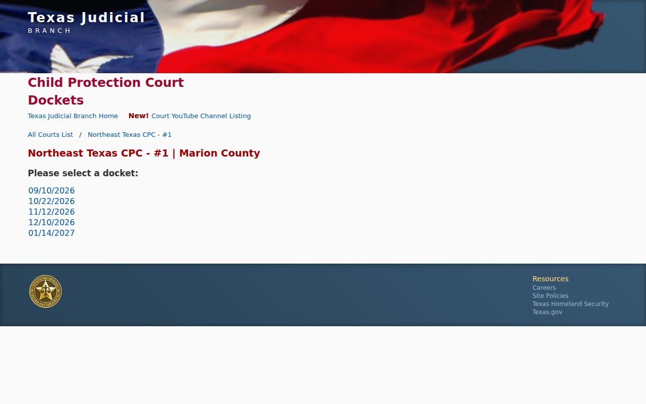 Marion County court calendar selector for Northeast Texas Child Protection Court