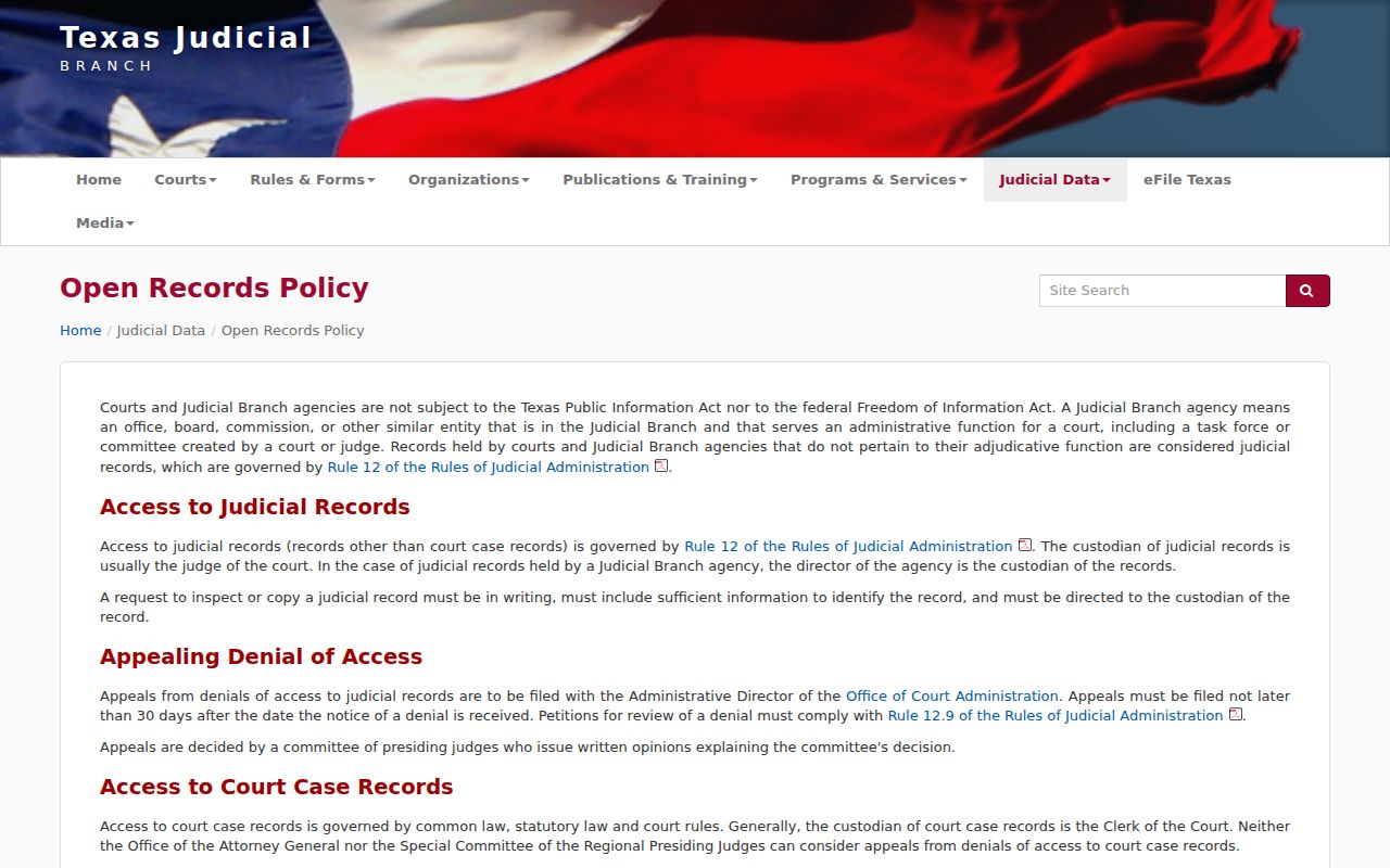 Texas OCA judicial records access policy used for Marion County requests