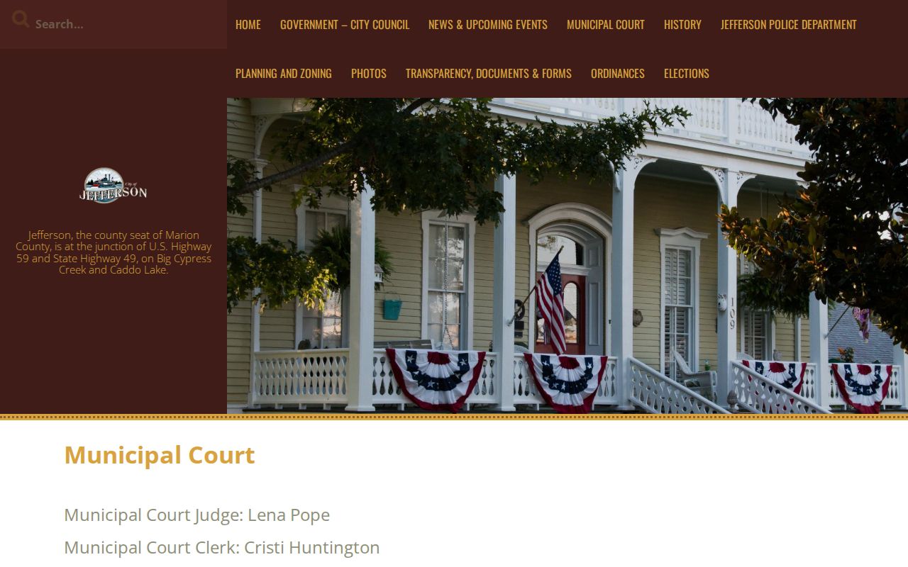 Jefferson Municipal Court page with judge, clerk, address, and citation instructions